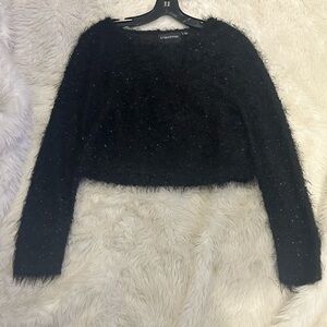 MINKPINK Black Fuzzy Cropped Sweater ✨ Sparkle Eyelash Knit